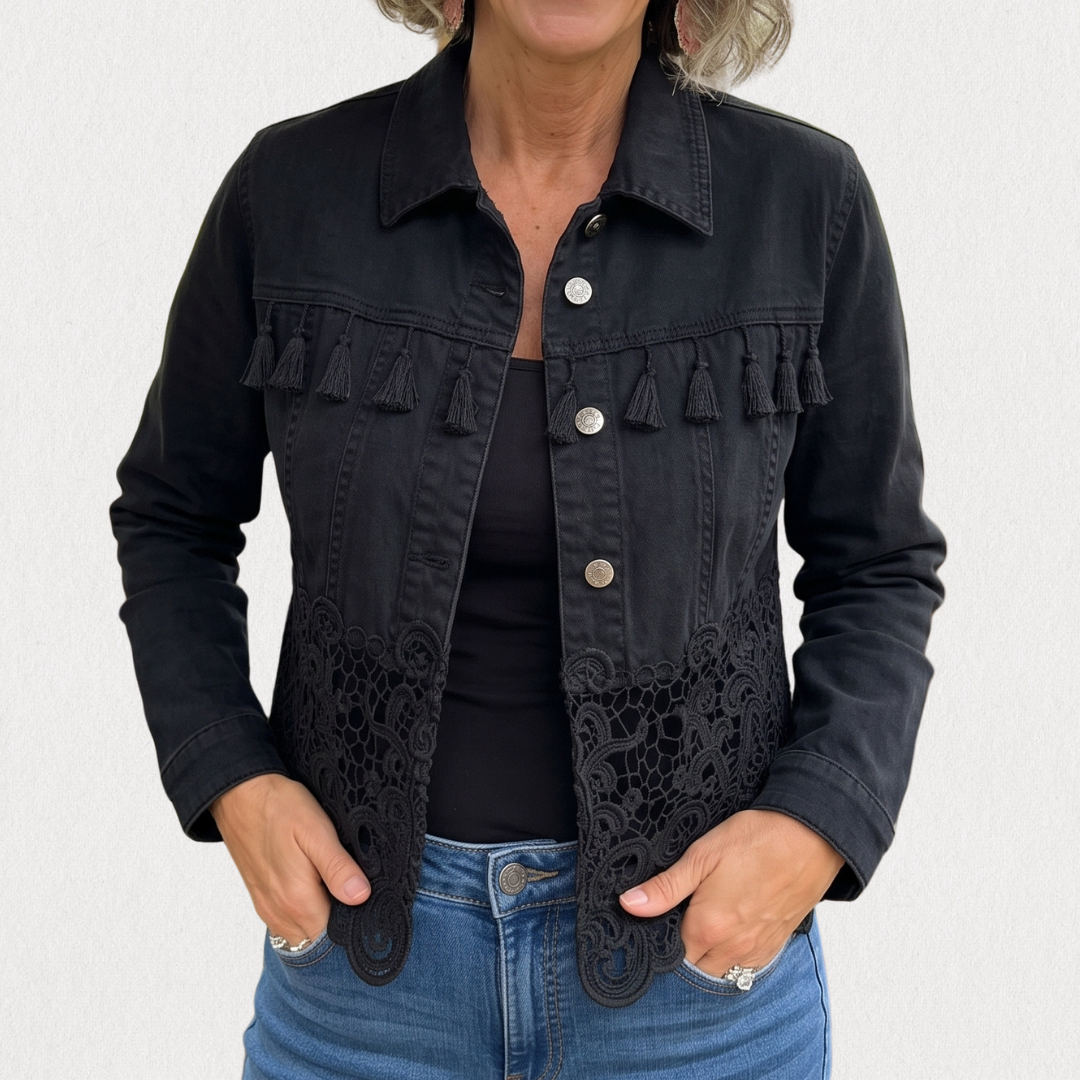 Jaimy -Cropped Jacket with Fringe and Lace Hem