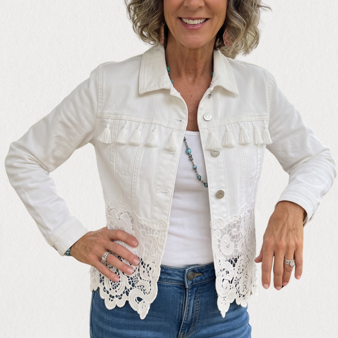Jaimy -Cropped Jacket with Fringe and Lace Hem