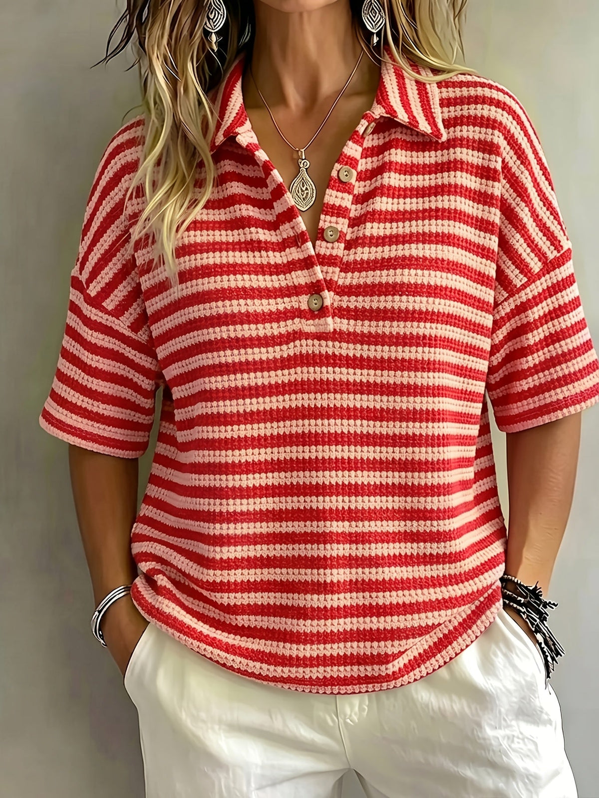 Marissa | Striped Waffle Polo Top