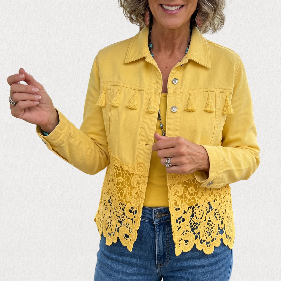 Jaimy -Cropped Jacket with Fringe and Lace Hem