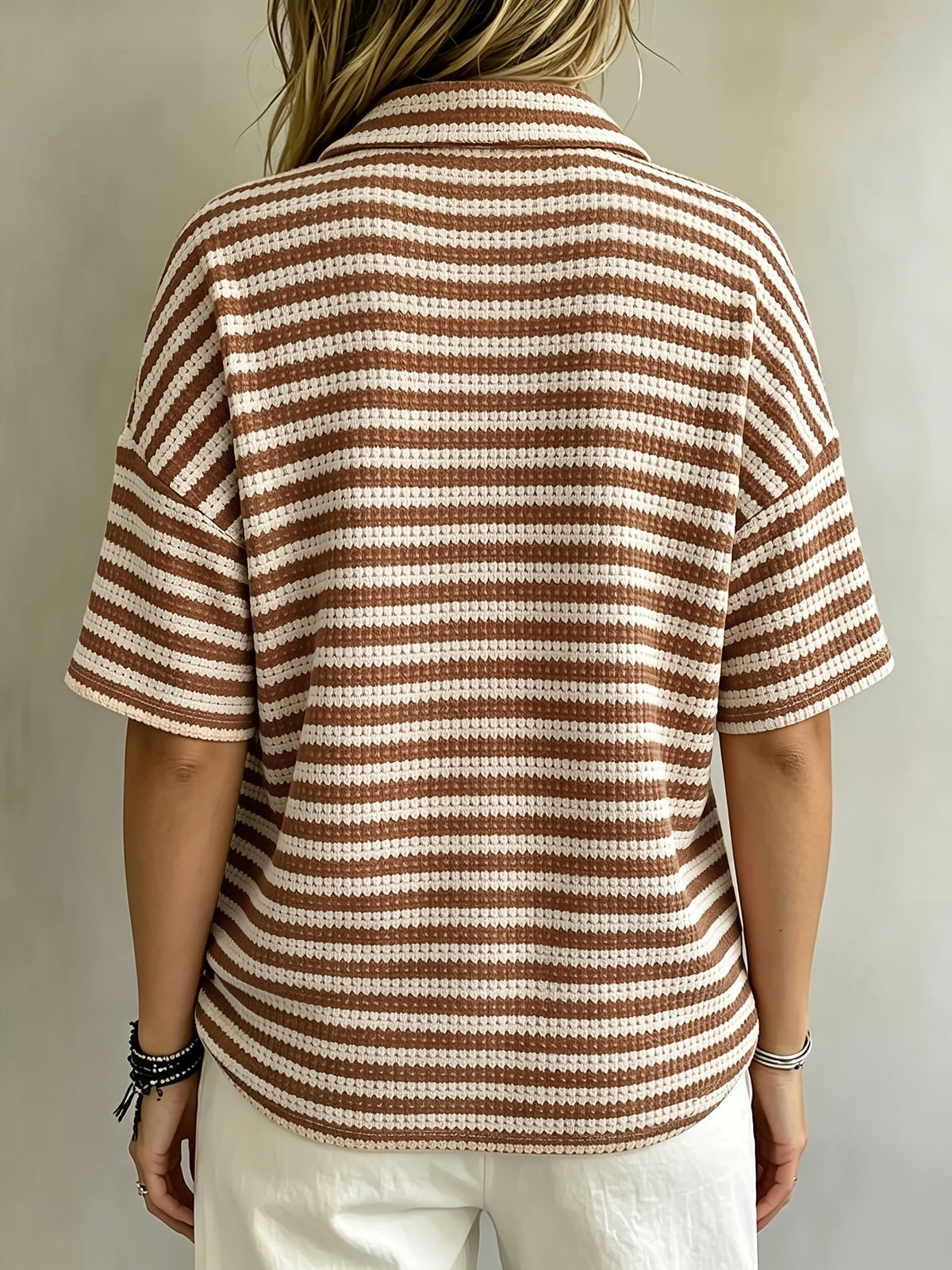 Marissa | Striped Waffle Polo Top