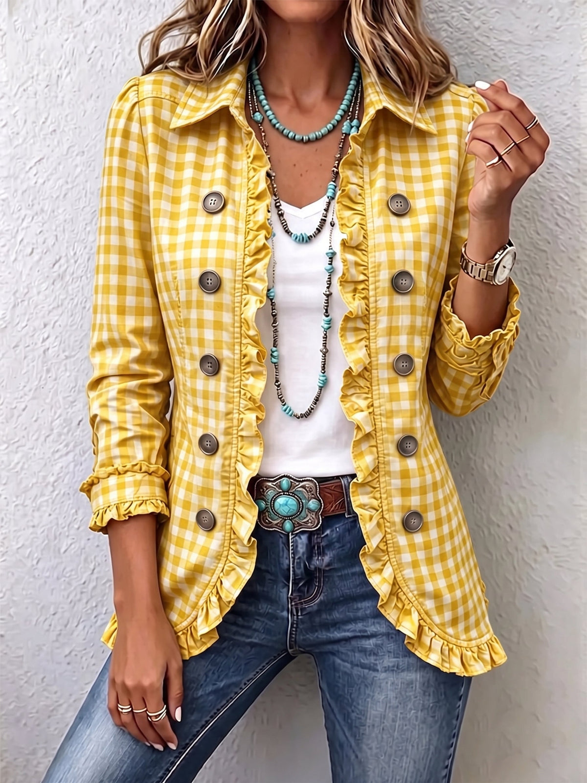 Charlene™ - Ruffled Gingham Button-Up Jacket