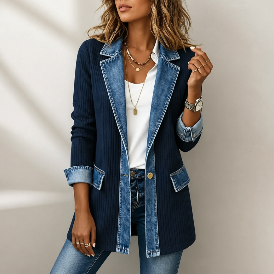 Ruby – Ribbed Knit Coat With Denim Panels