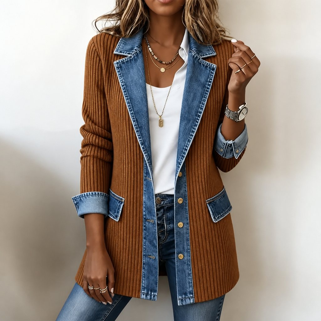Ruby – Ribbed Knit Coat With Denim Panels